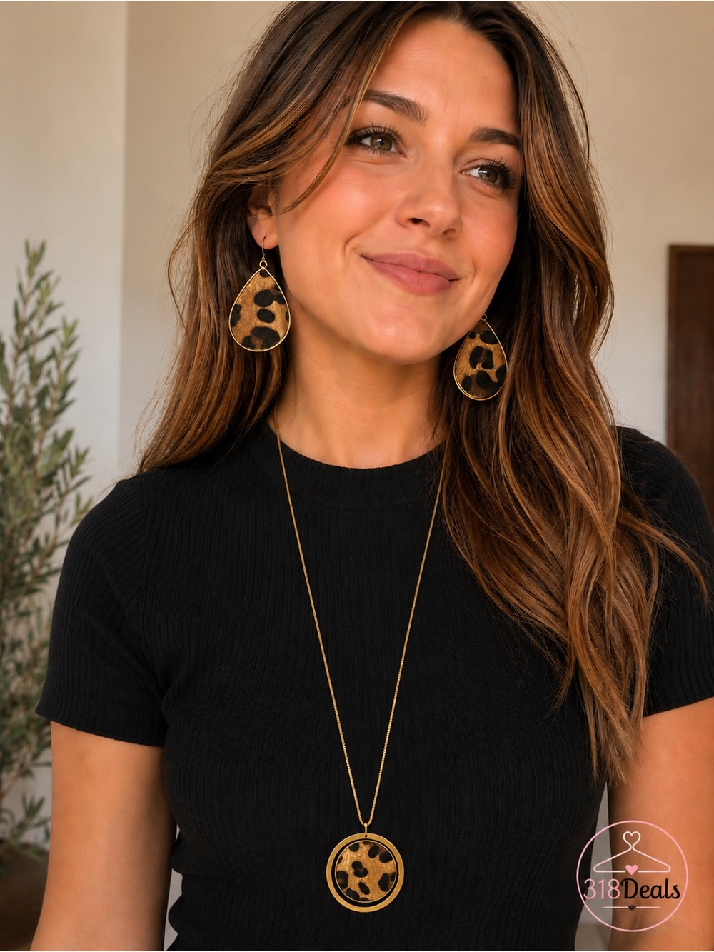 Gold-Tone Teardrop Leopard Print Earrings in Brown